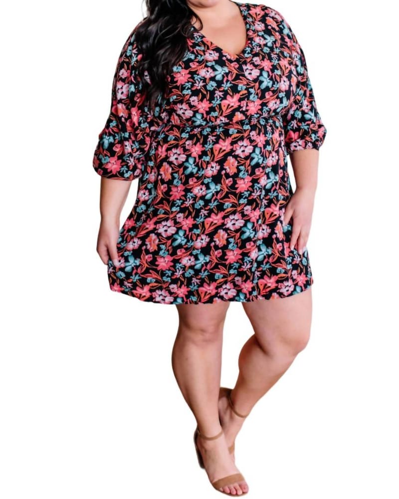 Front of a model wearing a size Large Floral Dress In Spring Nights in Spring Nights by Emily Wonder. | dia_product_style_image_id:353582